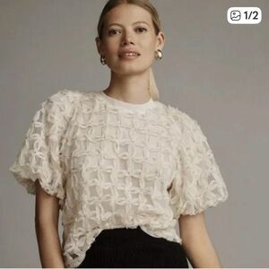 Anthropologie - Sarah Hann Cream  Puff Sleeve Blouse